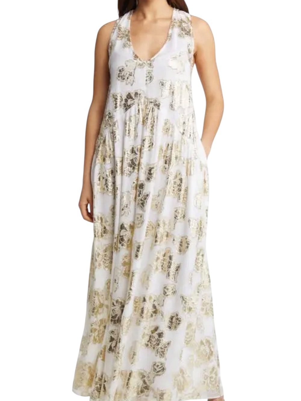 Ciebon White Gold Metallic Floral Maxi Dress | S
